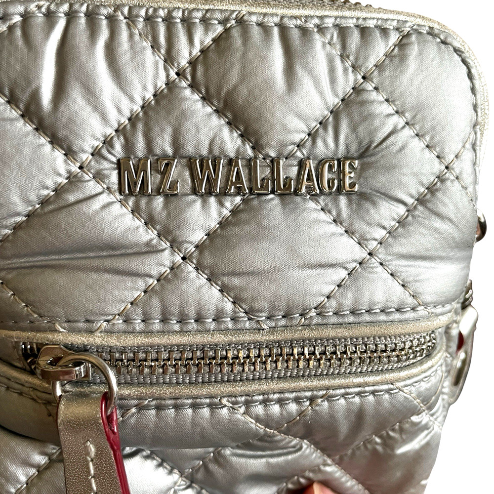 MZ WALLACE Micro Crosby Women's Silver Quilted Crossbody Bag Top Zip Nylon Strap - Picture 8 of 8